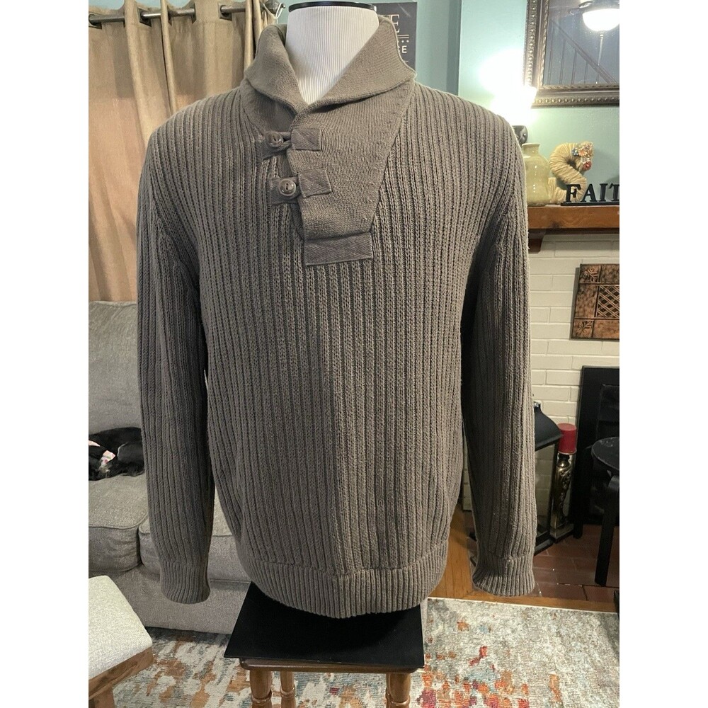 Duluth Trading Men's Green Knit Sweater Size Large Shawl Collar Ribbed